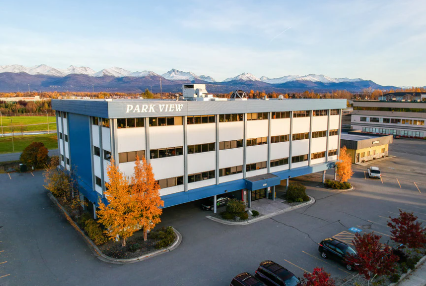 View of Grey and Blue Parkview Building where Playful Connection Counseling is Located on the Third Floor
